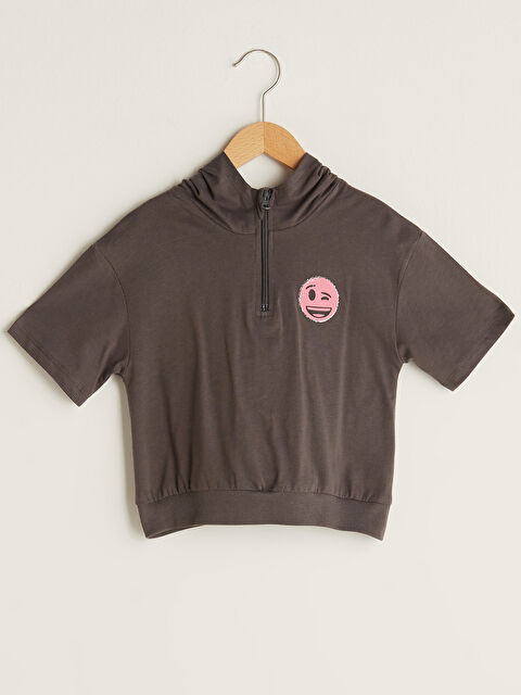 LCW Kids Hooded Emoji Printed Short Sleeve Cotton Girls' T-Shirt - S1J995Z4-HJU