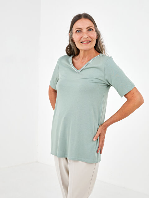 LCW Grace V-Neck Plain Short Sleeve Women's Blouse - S1JA15Z8-GC8