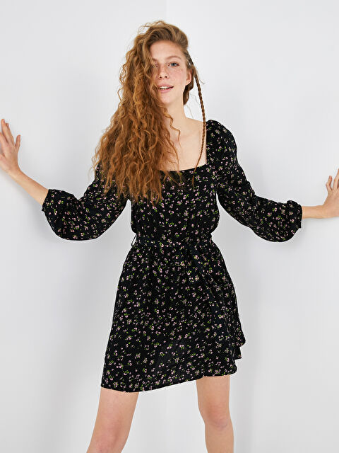 XSIDE Square Neck Floral Long Sleeve Viscose Women Dress - S1JB51Z8-CVL