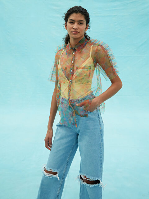 LC WAIKIKI SHIRT COLLAR PATTERNED DOUBLE POCKET SHORT SLEEVE WOMEN'S PALVIN BLOUSE - S1JN68Z8-LT4