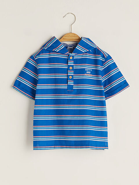 LCW baby قميص أولاد رضع مخطط بكم قصير وبكابوش من قماش بوبلين - S1K831Z1-LEN