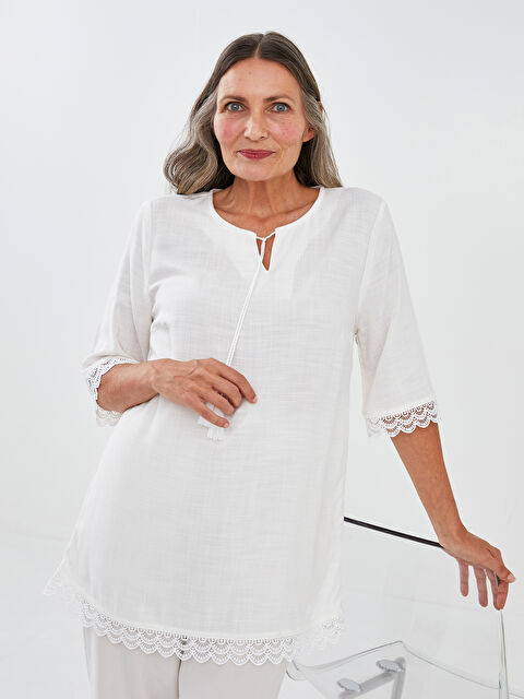 LCW Grace Tie Collar Lace Detailed Short Sleeve Viscose Women's Tunic - S1KL99Z8-Q6K