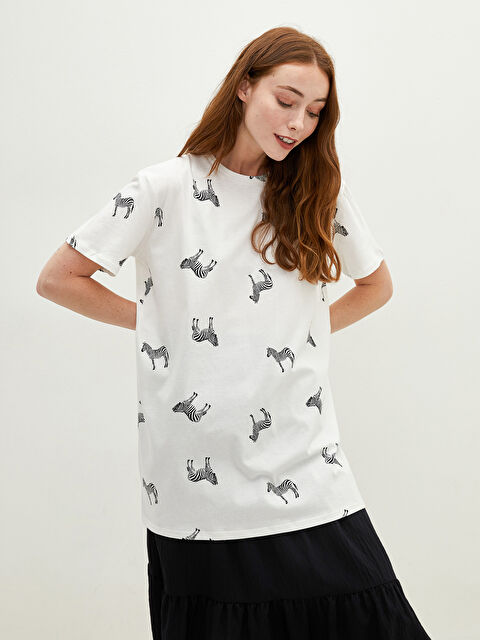 LCW Modest Crew Neck Printed Short Sleeve Cotton Women's Tunic - S1LQ15Z8-QF6