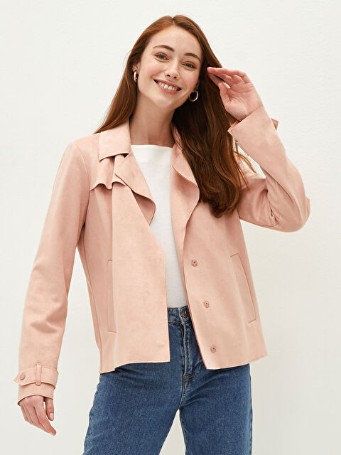 LCWAIKIKI Classic معطف جلد الغزال للسيدات بياقة قميص عادي بأكمام طويلة ونحيف مع رباط - W10090Z8-RKM