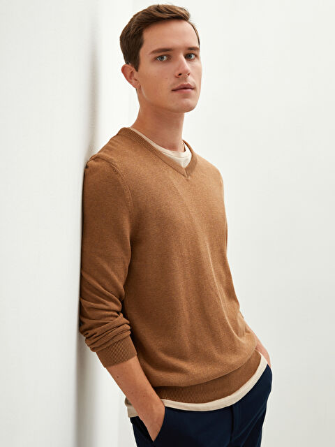 LCWAIKIKI Basic Свитер Трикотажный Мужской Тонкий Базовый С Длинным Рукавом С V-образным Вырезом - W11447Z8-DGF