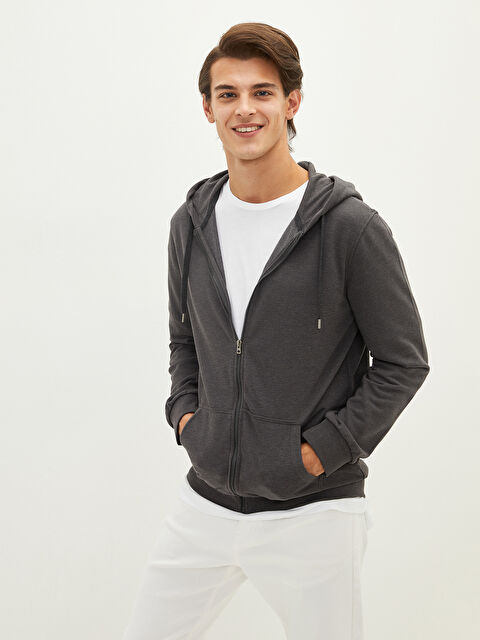LCWAIKIKI Basic Kapüşonlu Uzun Kollu Erkek Fermuarlı Sweatshirt - W11507Z8-D5D