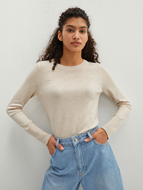 LCW Vision Свитер из трикотажа с круглым вырезом, однотонный, с длинным рукавом для женщин - W12412Z8-D4N