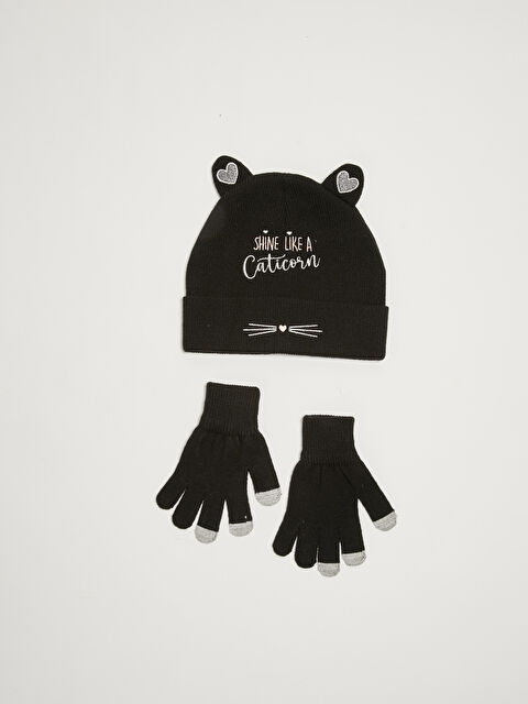 LCW ACCESSORIES Қыздың мысық бейнелі кестеленген трикотаж бас киімі мен қолғаптары - W14443Z4-HUC