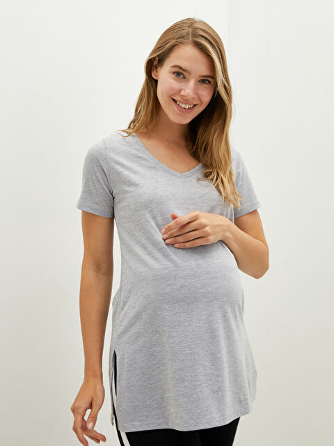 LCWAIKIKI Maternity V Yaka Düz Kısa Kollu Hamile Tişört - W15097Z8-CT3