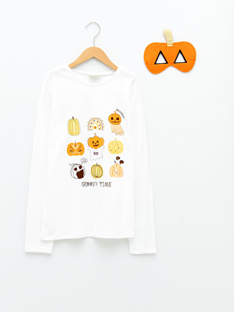 LCW Kids Crew Neck Printed Long Sleeve Girls T-Shirt and Mask - W16781Z4-FDH