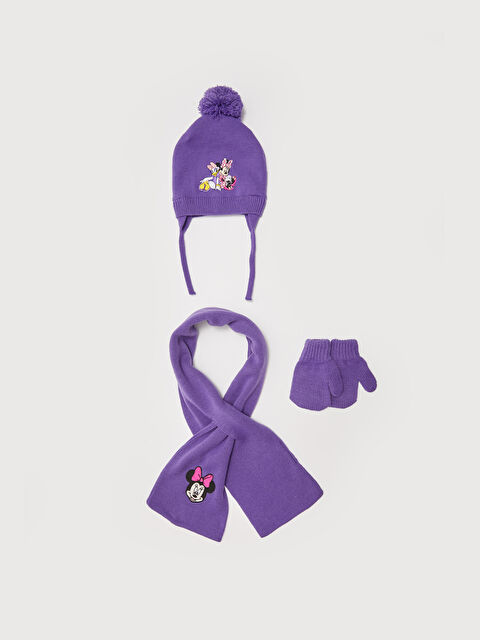 LCW baby Minnie Mouse Embroidered Baby Girl Beanie Scarf and Gloves 3 Piece Set - W16822Z1-GPZ