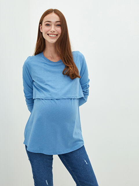 LCWAIKIKI Maternity Bisiklet Yaka Düz Uzun Kollu Emzirme Özellikli Pamuklu Hamile Bluz - W1BK33Z8-GHZ