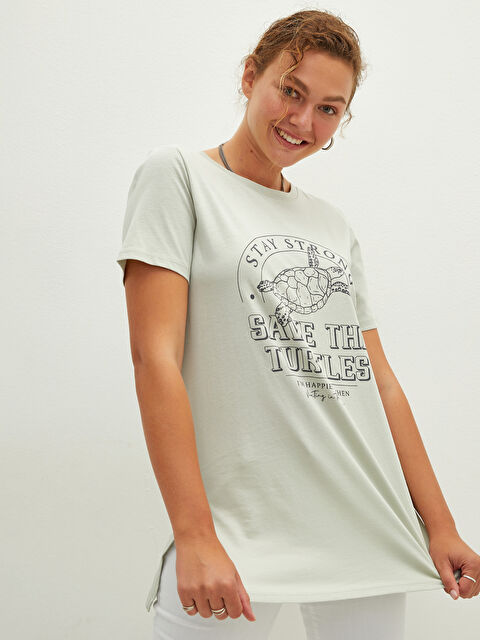 LCW Vision Crew Neck Printed Short Sleeve Cotton Women's Tunic - W1BN26Z8-FJK