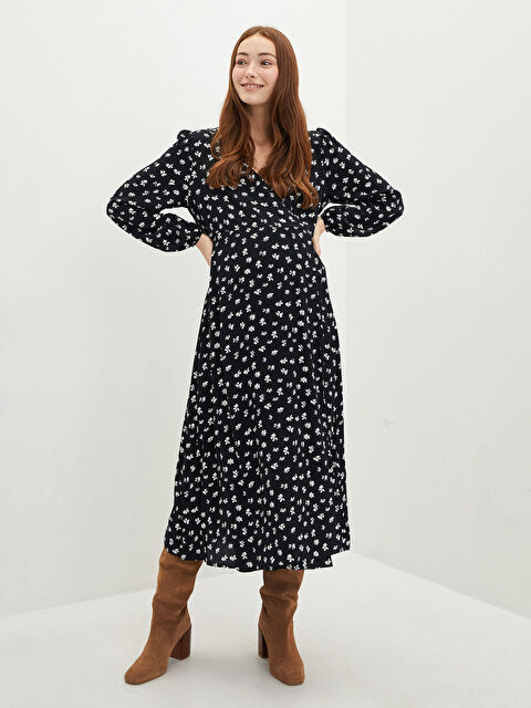 LCWAIKIKI Maternity Kruvaze Yaka Çiçekli Uzun Kollu A Kesim Viskon Hamile Elbise - W1BS55Z8-LQJ