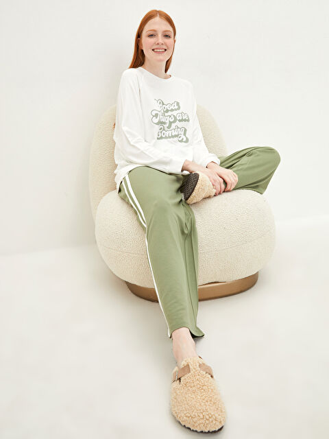 LCW DREAM Crew Neck Slogan Printed Long Sleeve Women's Pajamas Set - W1DK35Z8-GUY