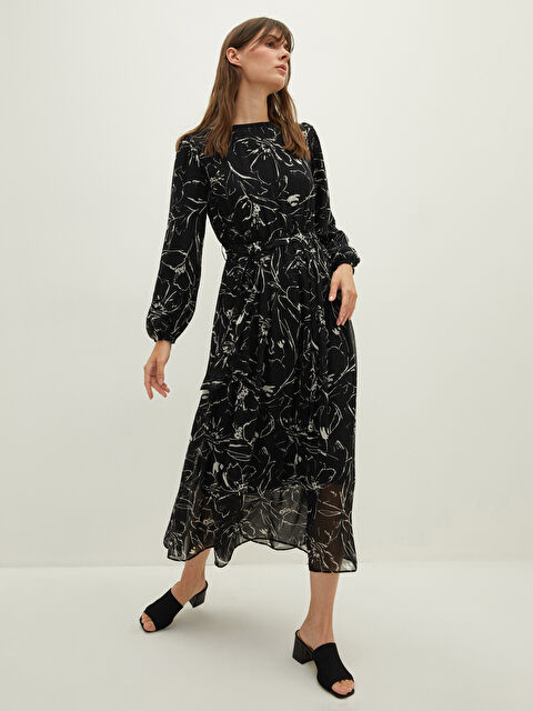 LCWAIKIKI Classic Bisiklet Yaka Çiçek Baskılı Uzun Kollu Şifon Kadın Elbise - W1DM72Z8-LQJ