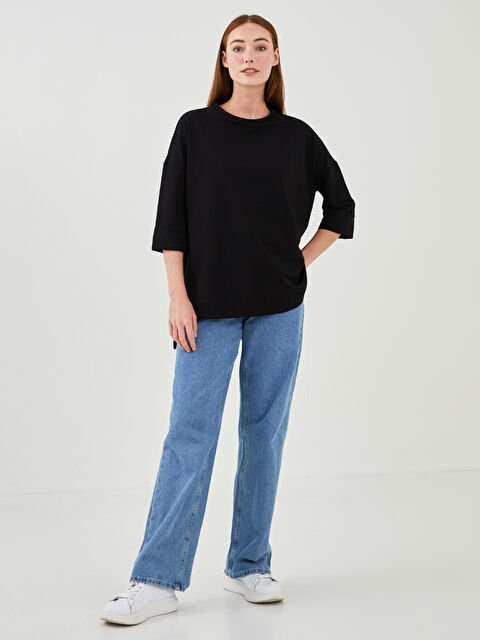 LCWAIKIKI Basic Bisiklet Yaka Düz Kısa Kollu Kadın Sweatshirt - W1ET64Z8-CVL