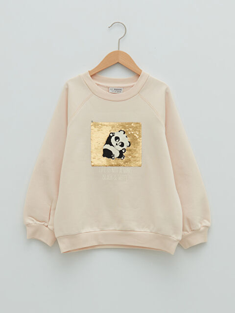 LCW Kids Crew Neck Printed Reversible Sequined Long Sleeve Girls' Sweatshirt - W1FN46Z4-FQN
