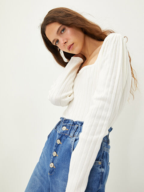 LCW Vision Kare Yaka Düz Uzun Kollu Kadın Triko Kazak - W1FY72Z8-FEU