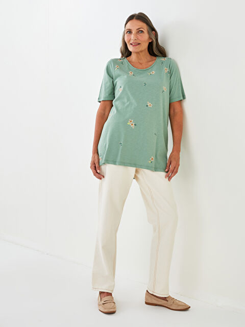 LCW Grace Bisiklet Yaka Baskılı Kısa Kollu Pamuklu Kadın Tişört - W1GI65Z8-GC9