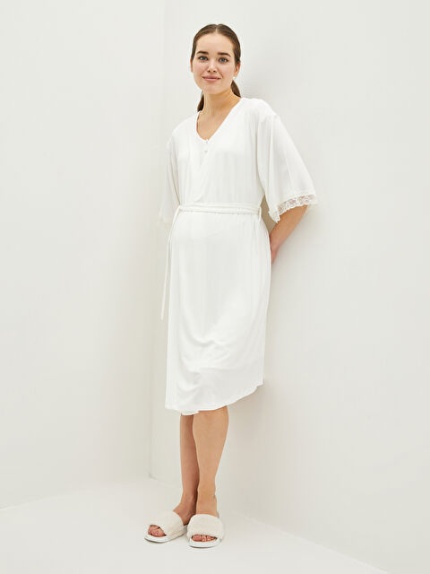 LCW DREAM Kruvaze Yaka Dantel Detaylı Beli Bağlamalı Hamile Sabahlık - W1H027Z8-FDU