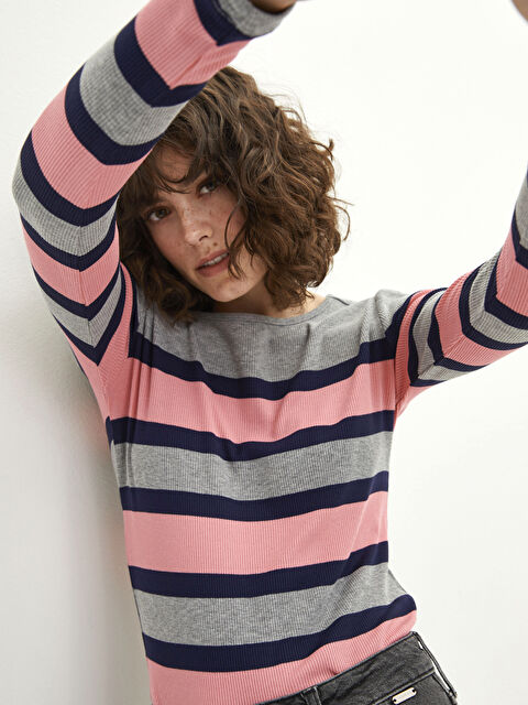 LCW Vision Bisiklet Yaka Çizgili Uzun Kollu Kadın Tişört - W1HH64Z8-LFY