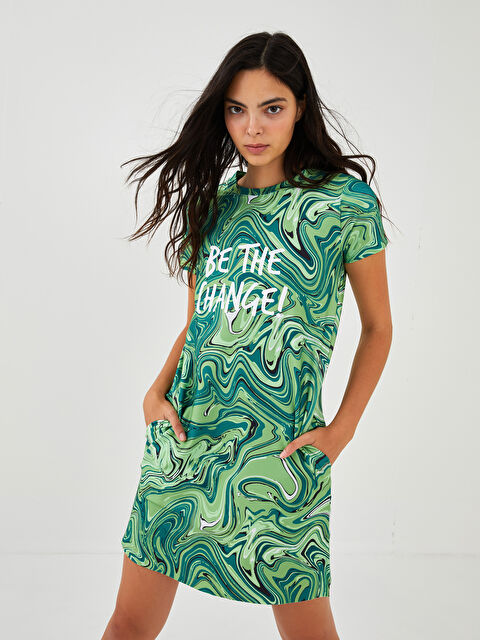 LCW Vision Bisiklet Yaka Desenli Kısa Kollu Kadın Elbise - W1HK07Z8-LRR