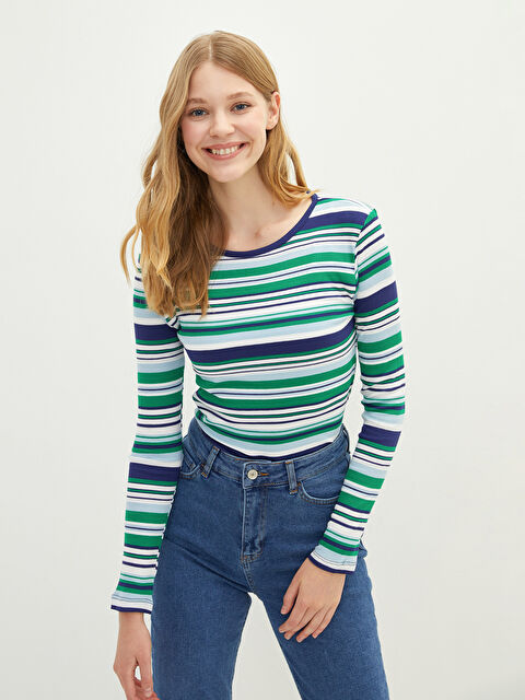 LCW Vision Bisiklet Yaka Çizgili Uzun Kollu Kadın Tişört - W1HK43Z8-LFT