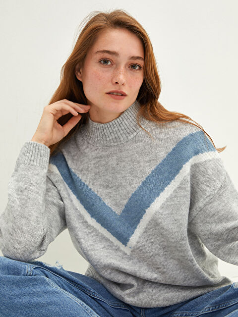 LCW Vision Πουλόβερ με Ψηλή Γιακα Μακρυμάνικο για Γυναίκες Πλεκτό με Χρωματικό Μπλοκ - W1HM94Z8-D5P