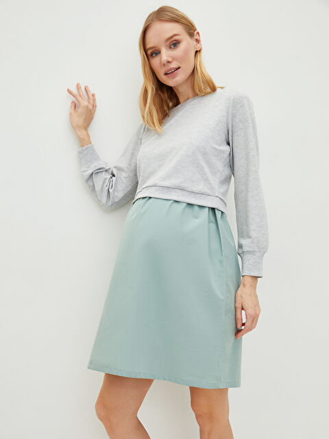 LCWAIKIKI Maternity Bisiklet Yaka Düz Uzun Kollu Emzirme Özellikli Hamile Elbise - W1JC71Z8-LAL