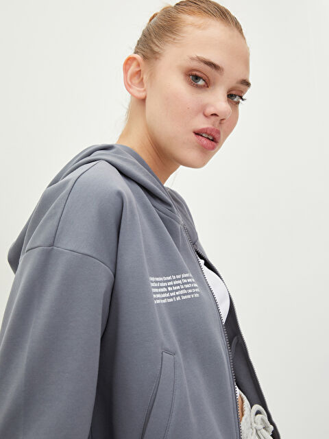 LCW Vision Kapüşonlu Yazı Baskılı Uzun Kollu Kadın Spor Hırka - W1JI28Z8-GYS
