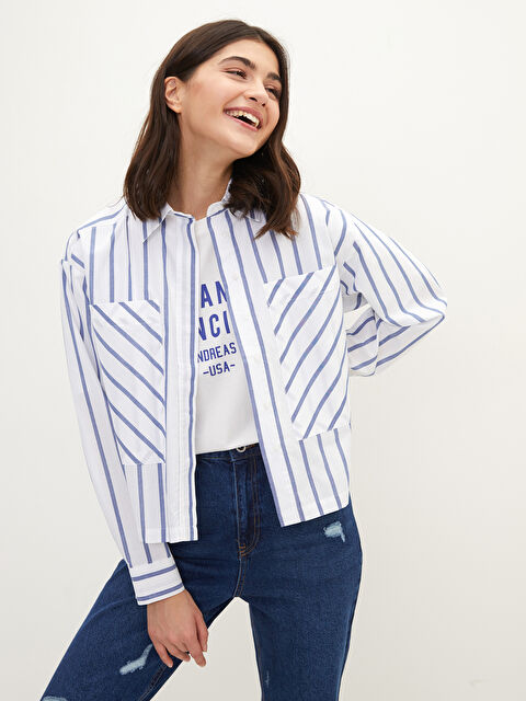 LCW Vision Önden Düğme Kapamalı Çizgili Uzun Kollu Poplin Kadın Gömlek - W1JJ10Z8-LGS