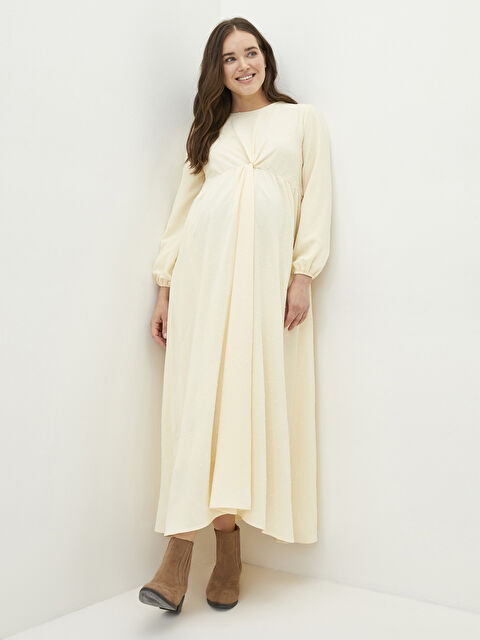 LCWAIKIKI Maternity Crew Neck Self Patterned Ruffle Detailed Long Sleeve Poplin Maternity Dress - W1JL19Z8-FDV