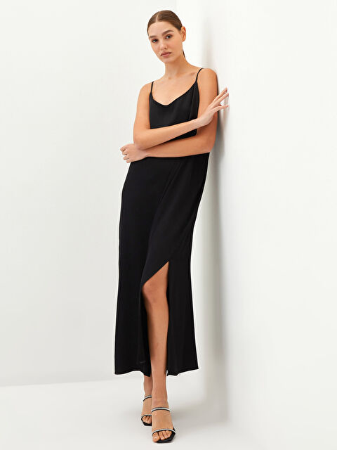 Natuvera V Yaka Düz İnce Askılı Yırtmaç Detaylı Kadın Midi Elbise - W1JT88Z8-CVL