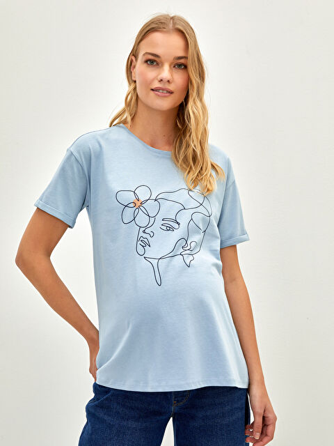 LCWAIKIKI Maternity Тениска за майчинство с кръгло деколте, отпечатана, с къс ръкав, памучна - W1K869Z8-GMH