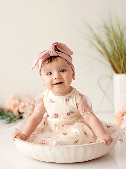 LCW baby Crew Neck Short Sleeve Embroidery Detailed Baby Girl Dress - S20384Z1-FDL