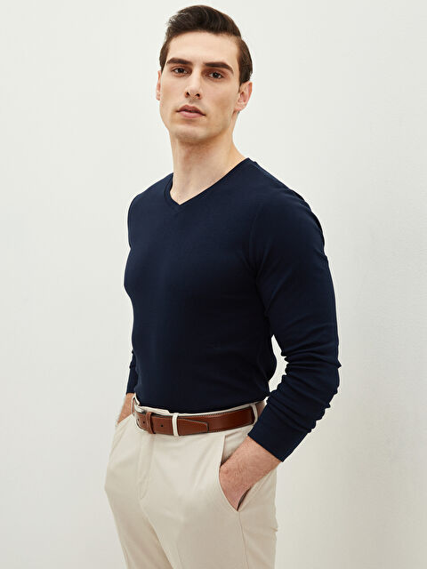 LCWAIKIKI Basic V-Neck Long Sleeve Jersey Men's T-Shirt - S20903Z8-DWP