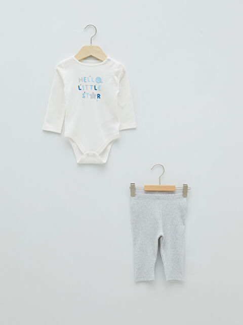 LCW baby Crew Neck Long Sleeve Printed Baby Boys' Snap Bodysuit and Pants 2 Pack Set - S21034Z1-FDU