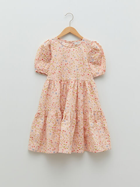 LCW Kids Crew Neck Printed Short Sleeve Cotton Girl Dress - S21435Z4-LTB