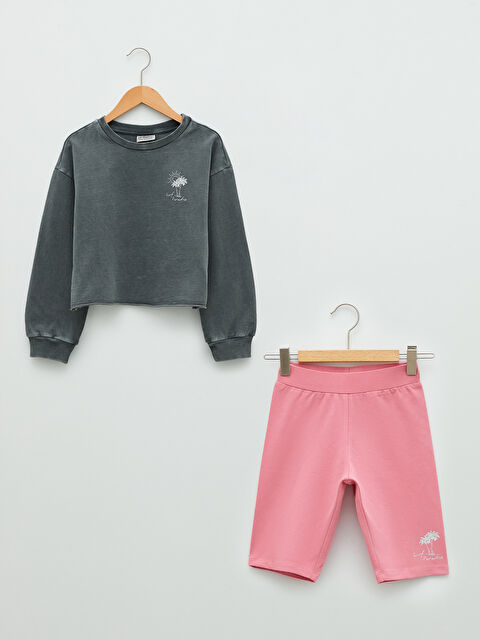 LCW Kids Crew Neck Printed Long Sleeve Girl Sweatshirt and Shorts - S23094Z4-HKS