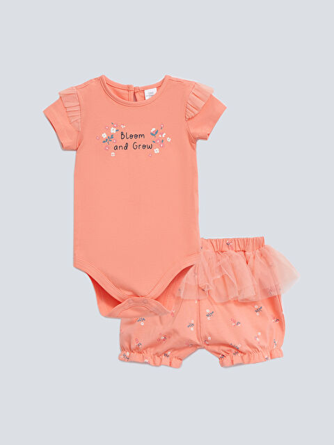 LCW baby Crew Neck Short Sleeve Printed Baby Girl Snapback Body and Shorts 2-Piece Set - S24865Z1-FPC