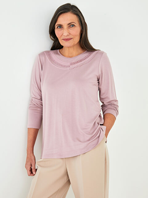 LCW Grace Crew Neck Embroidered Long Sleeve Viscose Women's Blouse - S25943Z8-GDY