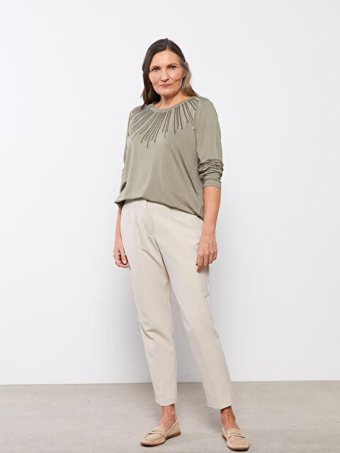 LCW Grace Crew Neck Embroidered Long Sleeve Viscose Women's Blouse - S25943Z8-GWK