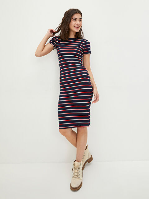 LCW Vision Bisiklet Yaka Çizgili Kısa Kollu Kadın Bodycon Elbise
