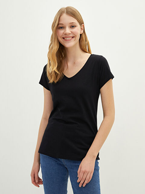 LCW Vision V-neck Straight Short Sleeve Cotton Women's T-Shirt - S26516Z8-RQN