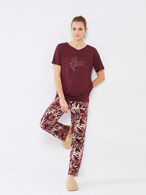 LCW DREAM Bisiklet Yaka Desenli Kısa Kollu Kadın Viskon Pijama Takımı