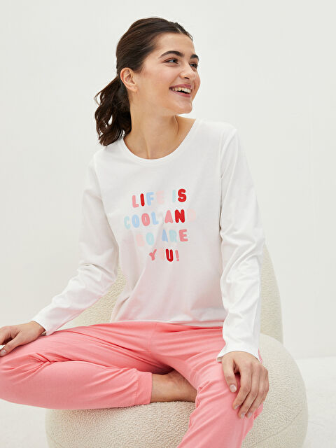 LCW Young طقم بيجاما نسائي قطن كم طويل مطبوع بحروف برقبة دائرية - S27118Z8-GBC