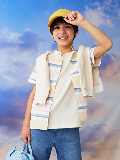 LCW Kids Grandad Collar Striped Short Sleeve Poplin Boy's Shirt - S28674Z4-LKF