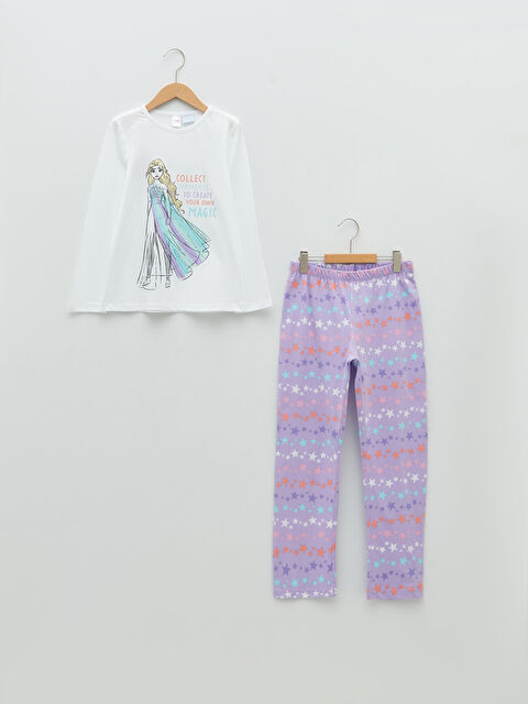 LCW Kids Crew Neck Elsa Printed Long Sleeve Cotton Girls Pajamas Set - S28722Z4-E5X