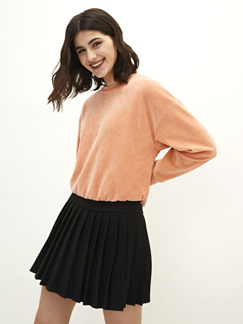 XSIDE سويت شيرت قطيفة ياقة دائرية كم طويل عادي للسيدات - S28769Z8-FHC